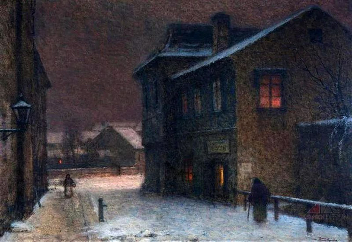 winter-19e-eeuw-jakob-schikaneder-straat-sneeuw