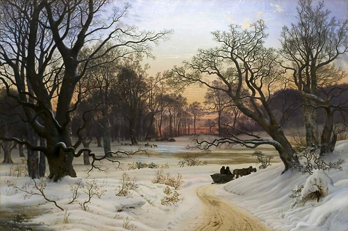 winter-19e-eeuw-winter-evening-forest-kyhn