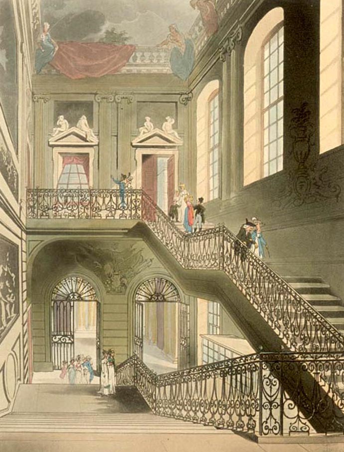 De entree en trappen van Montagu House, het oude British Museum in 1808