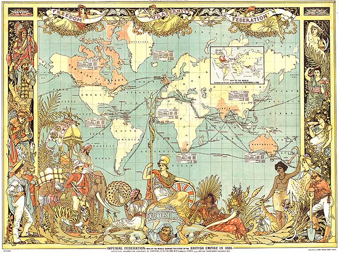 Wereldkaart van de Imperial Federation van het Britse Rijk in 1886