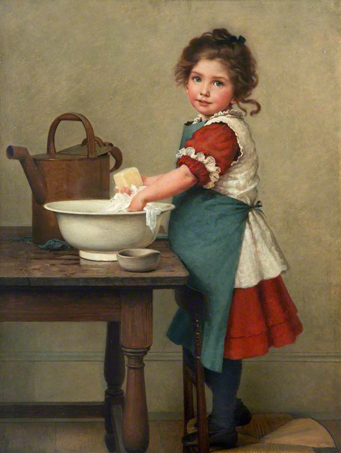 Schilderij van jong meisje in het huishouden