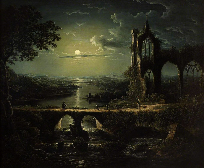 william pether Moonlit River Scene with a Ruined Gothic Church