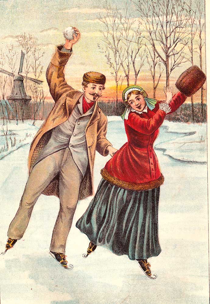 19e eeuwse prent schaatsen op het ijs