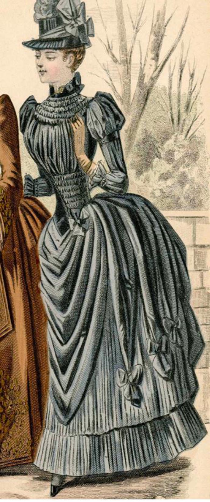 damesjapon blauw 1887 tournure bustle strikken lang