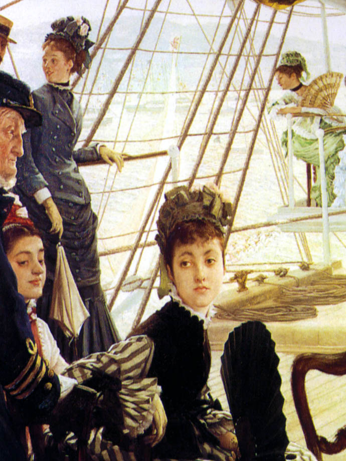 Detail van Ball On Shipboard door James Tissot, met chique geklede adelijke dames aan boord van een zeilschip in de 19e eeuw.