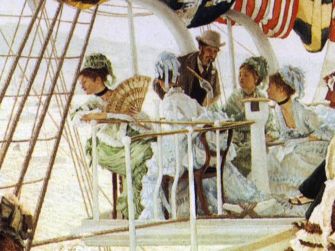 Detail van Ball On Shipboard door James Tissot, met chique geklede adelijke dames aan boord van een zeilschip in de 19e eeuw.