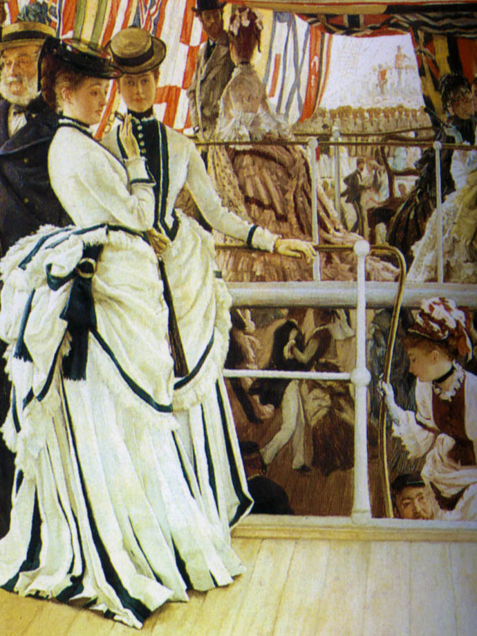 Detail van The Ball On Shipboard door James Tissot, met dames en heren die beneden deks dansen.