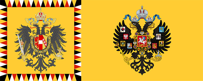 Vergelijking tussen de vlaggen van de keizer van Oostenrijk-Hongarije (links) met die van de tsaar van Rusland (rechts)