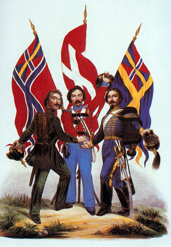 Een 19e eeuwse poster met daarop drie soldaten die de handen ineenslaan, met op de achtergrond de vlaggen van Denemarken, en de 19e-eeuwse vlaggen van de verenigde landen Noorwegen en Zweden.