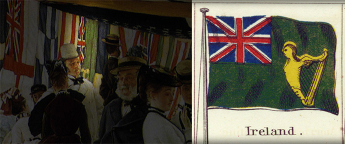 Op de achtergrond van James Tissot's Ball On Shipboard wappert de Ierse vlag, zoals die er in de 19e eeuw uitzag. Detail van Johnson's New Chart of National Emblems.