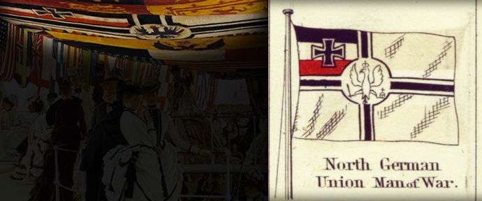 Op James Tissots schilderij The Ball On Shipboard is de 19e eeuwse vlag van de Noord-Duitse Bond te zien. Detail van Johnson's New Chart of National Emblems uit 1868 [Publiek domein].