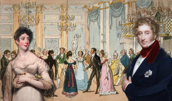 Collage van twee afbeeldingen van Henry Temple, Lord Palmerston rond 1835, en zijn vrouw Emily Lamb rond 1810, met op de achtergrond een ingekleurde schets van een bal op de Almack club in Londen.