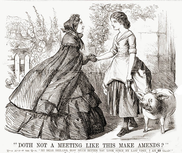 Spotprent uit het tijdschrift Punch, ter gelegenheid van het bezoek van koningin Victoria aan de arme en hongerige bevolking in Ierland, met de tekst "Doth not a meeting like this make amends?"