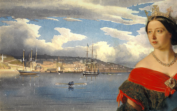 Collage met koningin Victoria, geschilderd door Franz Xaver Winterhalter in 1856, met op de achtergrond een schilderij van de zeehaven van Cobh (Queenstown) in Ierland, geschilderd door admiraal E.G. Fanshawe in 1856.