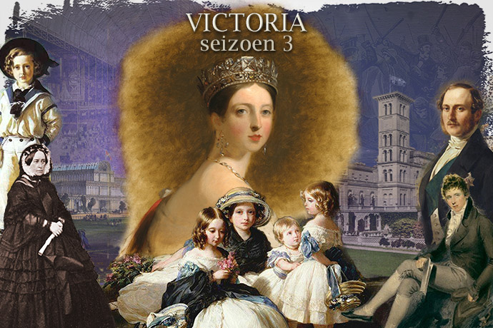 Een collage van Koningin Victoria met Prins Albert, haar kinderen, halfzus Feodora en minister Lord Palmerston, ter gelegenheid van het derde seizoen van de tv-serie VICTORIA. © Compilatie door My inner Victorian.