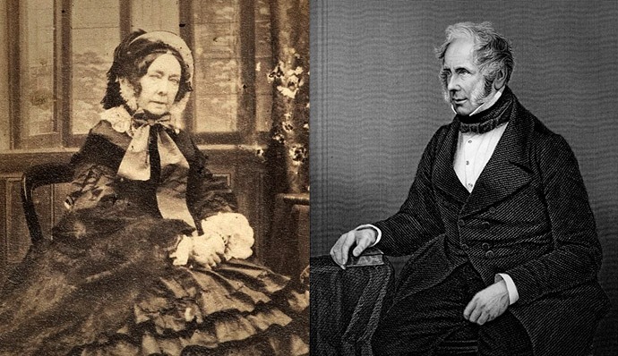 Twee portretten van Emily Lamb, gefotografeerd door Camille Silvy in 1860, en Henry Temple, Lord Palmerston, gravure van rond 1855-1858 door D.J. Pound.