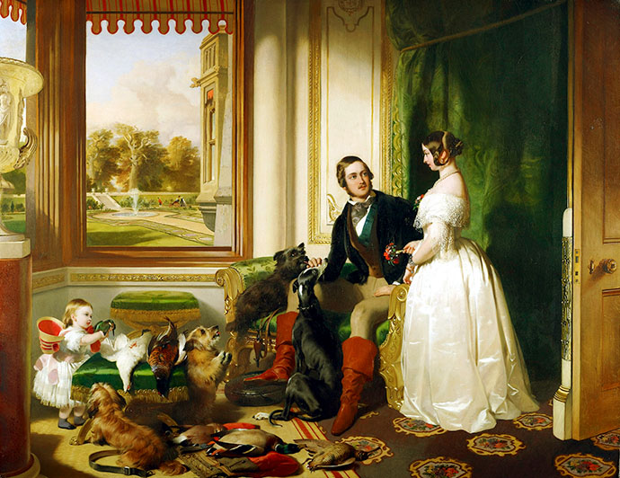 Windsor Castle in Modern Times, 1840-43, met de jonge Victoria en Albert met hun oudste dochter Vicky, afgebeeld door Edwin Henry Landseer, circa 1840 [Publiek domein].