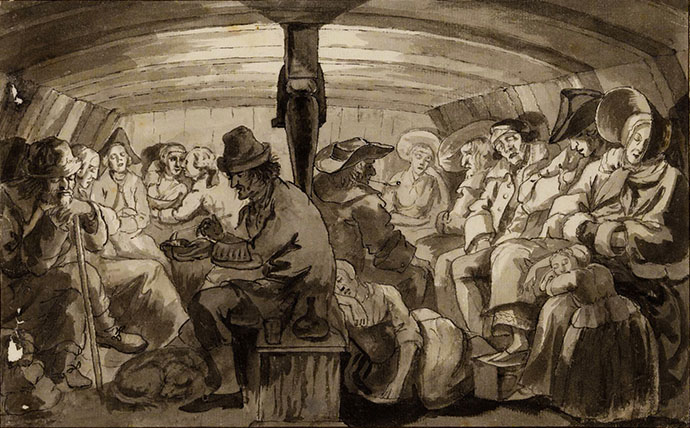Oude tekening van reizigers aan boord van een trekschuit in de 19e eeuw.