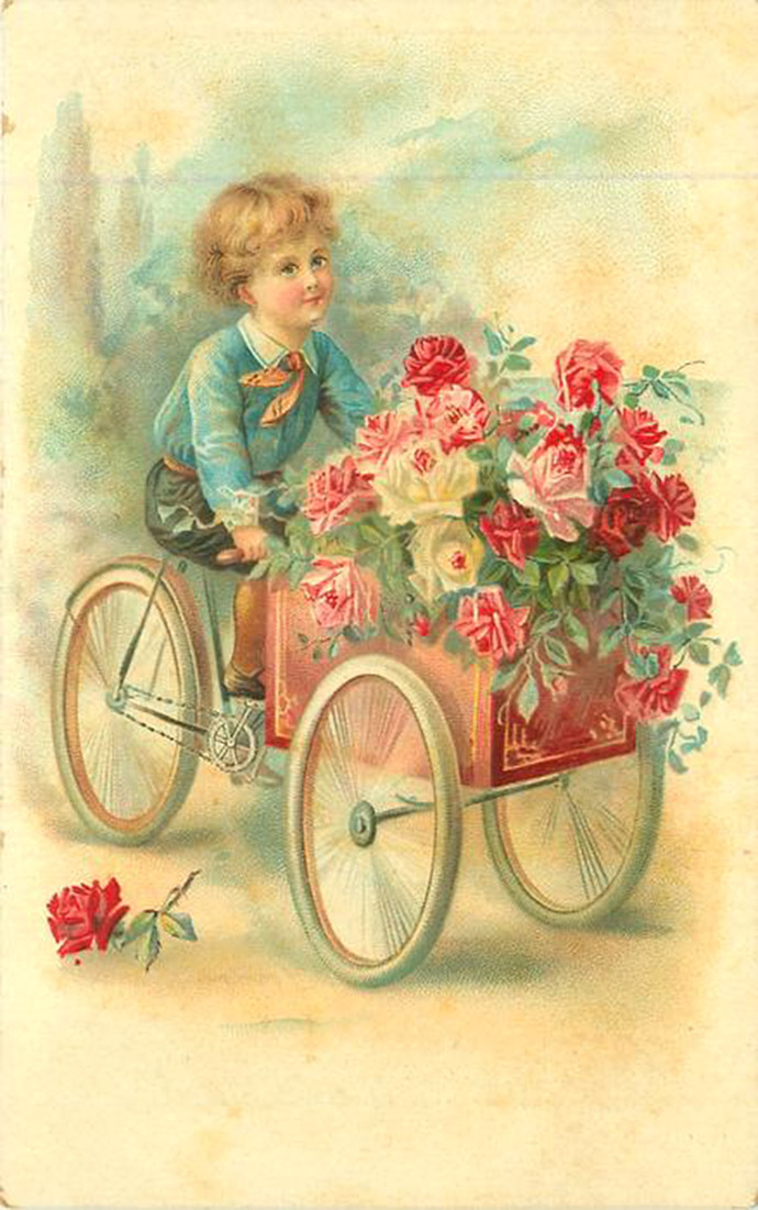 Een klassieke wenskaart voor verjaardagen met jongetje met een bakfiets vol rozen, uit 1904 uitgegeven door de Raphael Tuck & Sons