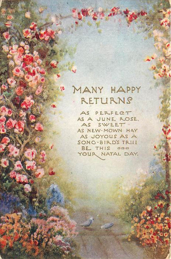 Een antieke verjaardagskaart met een versje en bloementuin van Tuck & Sons uit 1927.