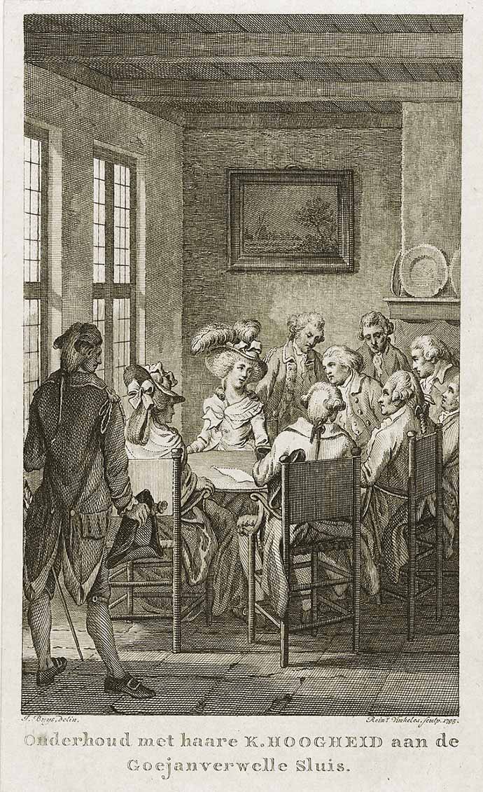 Oude gravure met daarop prinses Wilhelmina van Pruisen na haar aanhouding, aan tafel met patriotten in de boerderij van Adriaan Leeuwenhoek bij de Goejanverwellesluis in 1787.