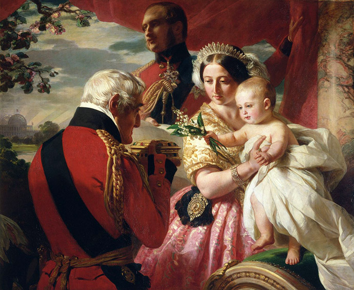 The First of May, 1851 door Franz Xaver Winterhalter, een geïdealiseerde weergave van de doop van prins Arthur, waarbij zijn peetvader en naamgenoot een geschenk aanbiedt [Publiek domein].