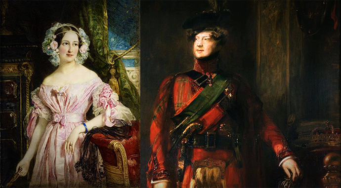 Links een portret van een jonge prinses Feodora, in 1838 door William Charles Ross. Rechts een sterk geïdealiseerd portret van koning George IV in Schotse dracht door David Wilkie in 1822.