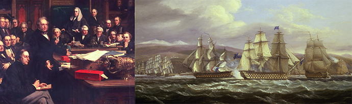 Links: Palmerston in zijn element, tijdens een toespraak in het Britse lagerhuis in 1860, door John Phillip. Rechts: Britse slagschepen blokkeren een Franse haven, op een doek van Thomas Luny uit 1830 [Publiek domein].