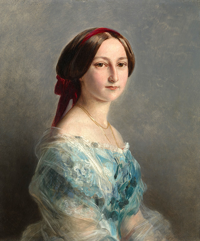 Prinses Adelheid van Hohenlohe Langenburg, hier achttien jaar oud, in 1853 geschilderd door Franz Xaver Winterhalter [Publiek domein].
