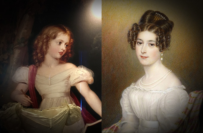 Victoria als 11-jarige prinses in 1830, door Richard Westall (1765-1836). Prinses Feodora van Leiningen rond 1830. door Henry Collen (1797-1879).