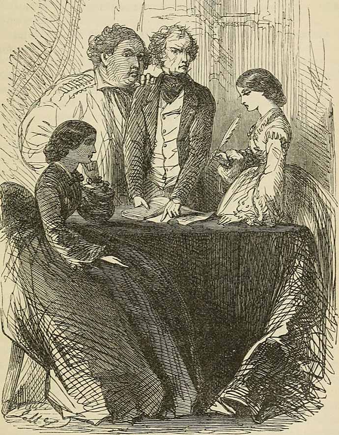 Gravure van een scene uit de roman The Woman In White van Wilkie Collins, uit 1873 [Publiek domein].