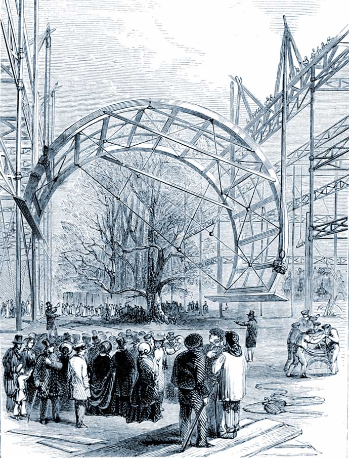 Het Crystal Palace in aanbouw, met kijkers. Uit: The Crystal Palace: Its Architectural History and Constructive Marvels, door Peter Berlyn and Charles Fowler, gravure door George Measom (1818-1901).