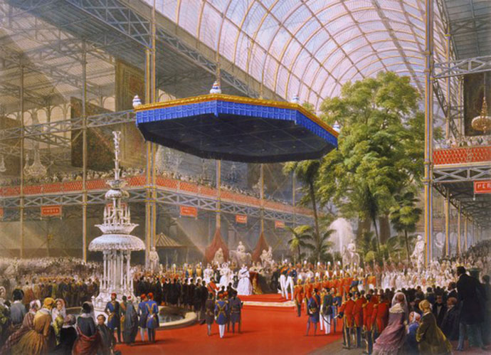 De officiële opening van de eerste Wereldtentoonstelling door Victoria in het Crystal Palace, op een kleurige steendruk van Louis Haghe uit 1851 
