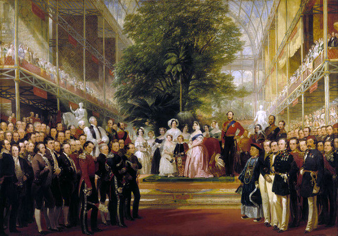 The Opening of the Great Exhibition by Queen Victoria on 1 May 1851, door Henry Courtney Selous (1803-1890)