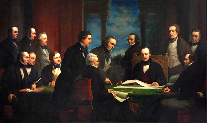 Schilderij van de commissie die zich moest buigen over de Great Exhibition van 1851, met Albert centraal. Door Henry Wyndham (1820-1868)