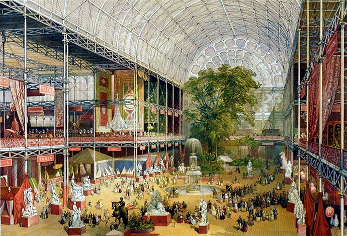 Het interieur van het Crystal Palace, gezienvanaf de hoofdingang, op een ingekleurde gravure door William Simpson, als souvenir voor bezoekers van de Great Exhibition, uitgegeven door Ackermann & Co (1851).