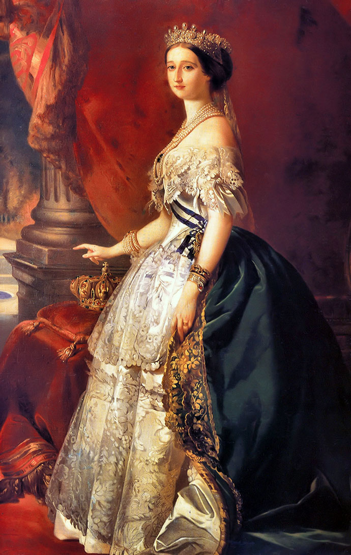 Eugénie, laatste keizerin der Fransen, op een staatsieportret door Franz Xaver Winterhalter, net na haar huwelijk met Napoleon III in 1853.