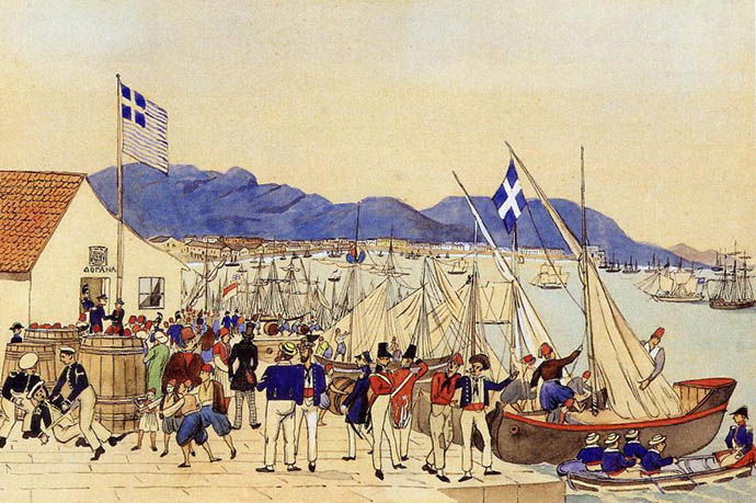Piraeus, de haven van Athene, op een ingekleurde tekening van de Beierse kapitein Ludwig Köllnberger, uit 1837 [Publiek domein].