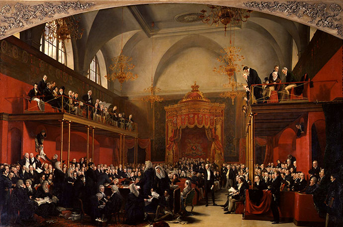 Het Britse House Of Lords in 1820, door hofschilder George Hayter [Publiek domein].