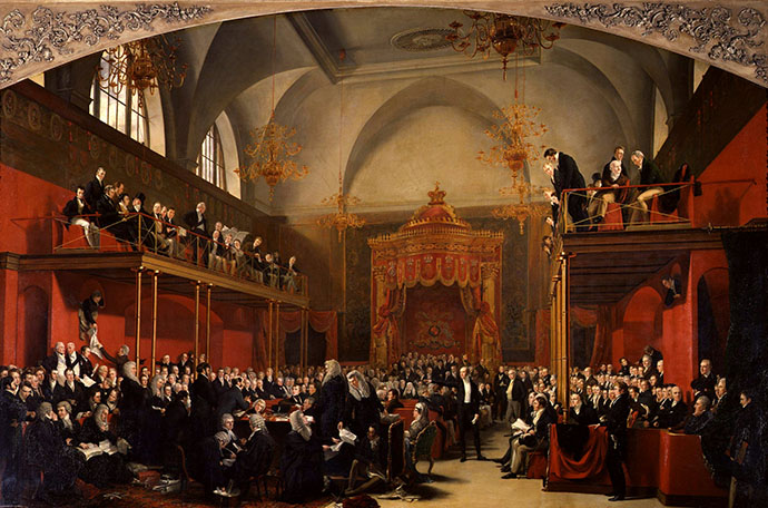 Het Britse House Of Lords in 1820, door hofschilder George Hayter [Publiek domein].