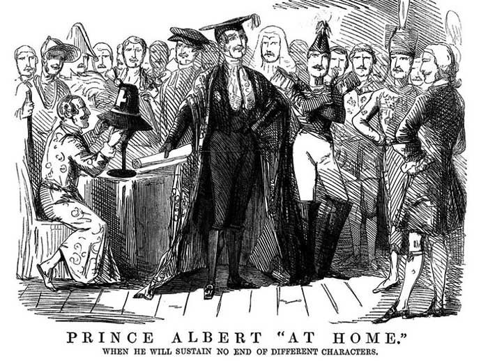 Prince Albert At Home, when he will sustain no end of different characters. Spotprent uit Punch.