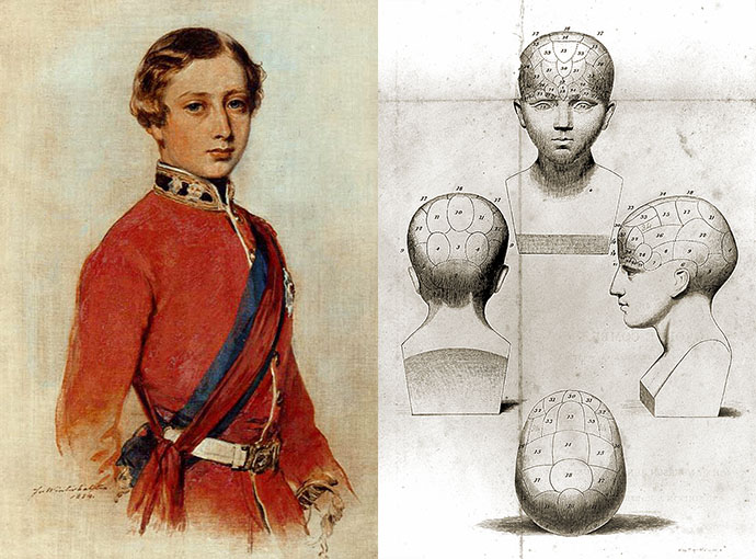 Links een kleurenschets van Prins Albert Edward door Franz Xaver Winterhalter uit 1859, als studie voor een groter schilderij. Rechts een detail van het titelblad van het handboek Elements of phrenology door George Combe, uit 1846.