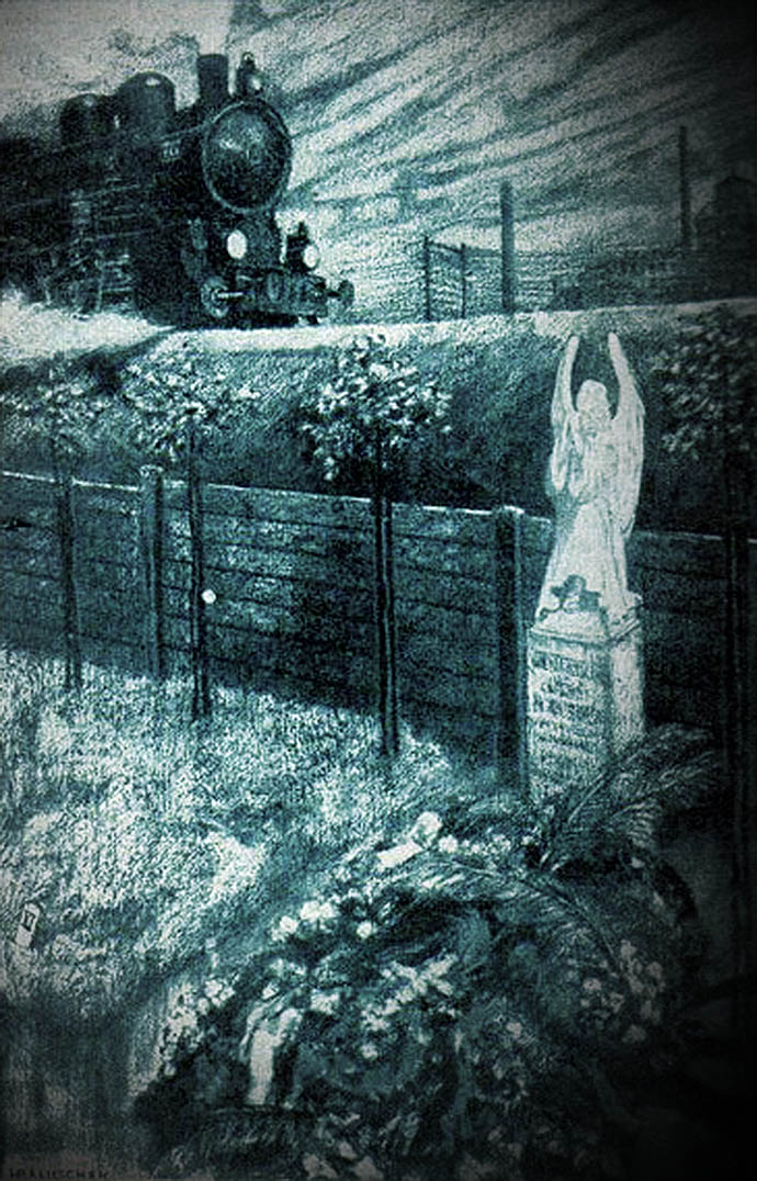 Een stoomtrein een klein grafmonument langs het spoor, op deze gravure door Hans Baluschek, in Die Gartenlaube [Publiek domein].