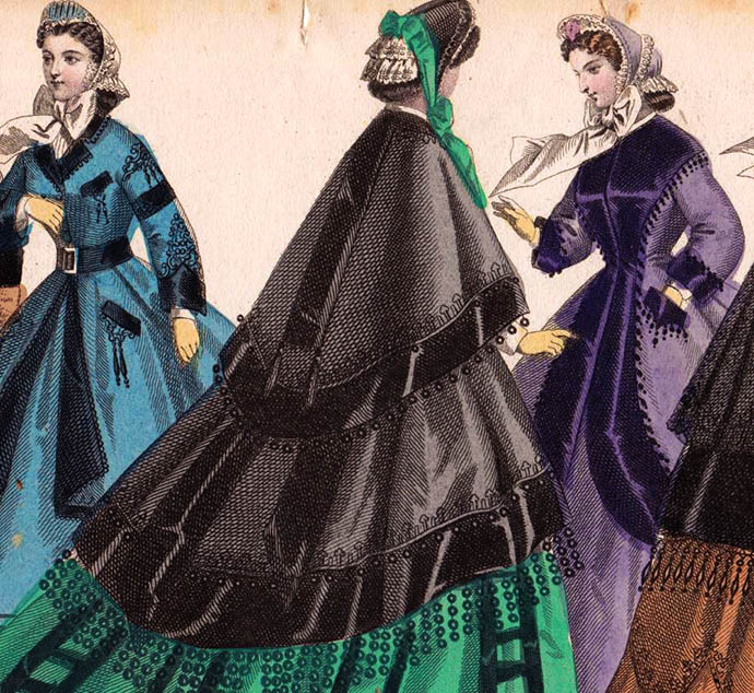 Modeplaat uit Aglaja, met felle kleurenstoffen victoriaanse mode 1864.