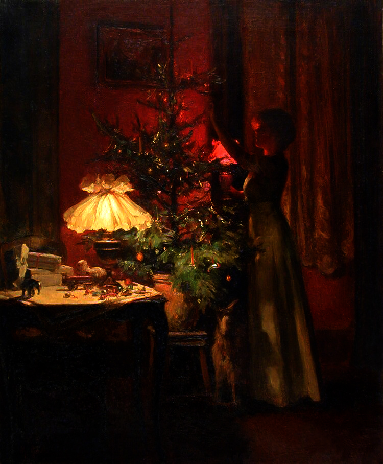 Decorating the Christmas tree, uit 1898, door de Franse schilder Marcel Rieder (1862-1942).