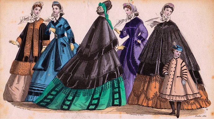 Modeplaat uit Englishwoman’s Domestic Magazine, oktober 1864. The newest fashions for autumn & winter mantles.