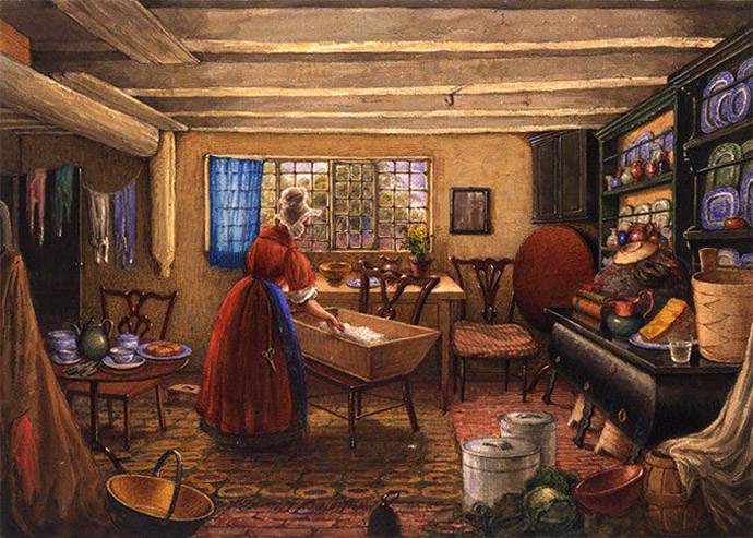 Een prachtig, uitzonderlijk gedetailleerd schilderij van de keuken van Elmswell Hall, een bescheiden landgoed in Yorkshire, door de Britse kunstenaares Mary Ellen Best in 1834. © Victoria and Albert Museum, London.