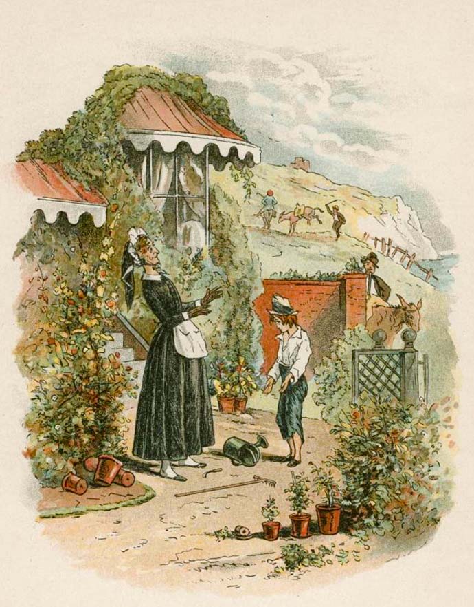 De verweesde David Copperfield stelt zich voor aan zijn tante, Betsey Trotwood. Illustratie bij Dickens' roman uit 1849-1850, door zijn vaste tekenaar Hablot Knight Browne (1815-1882) [Publiek domein].