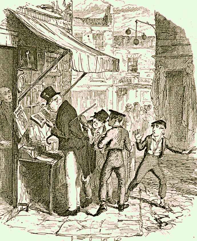 Mr. Brownlow wordt bestolen door Dodger, in Dickens' Oliver Twist, door George Cruikshank (1792-1878). [Publiek domein].
