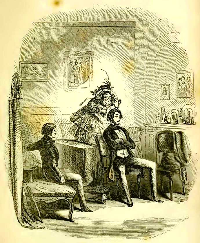 Miss Mowcher, afgebeeld door Hablot Knight Browne in 1850. [Publiek domein].